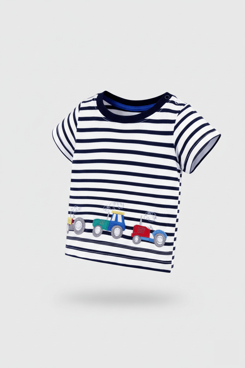Embroidered Striped Car T-Shirt - A Stylish Addition To Your Wardrobe Embroidered Striped Car T-Shirt - A Stylish Addition To Your Wardrobe