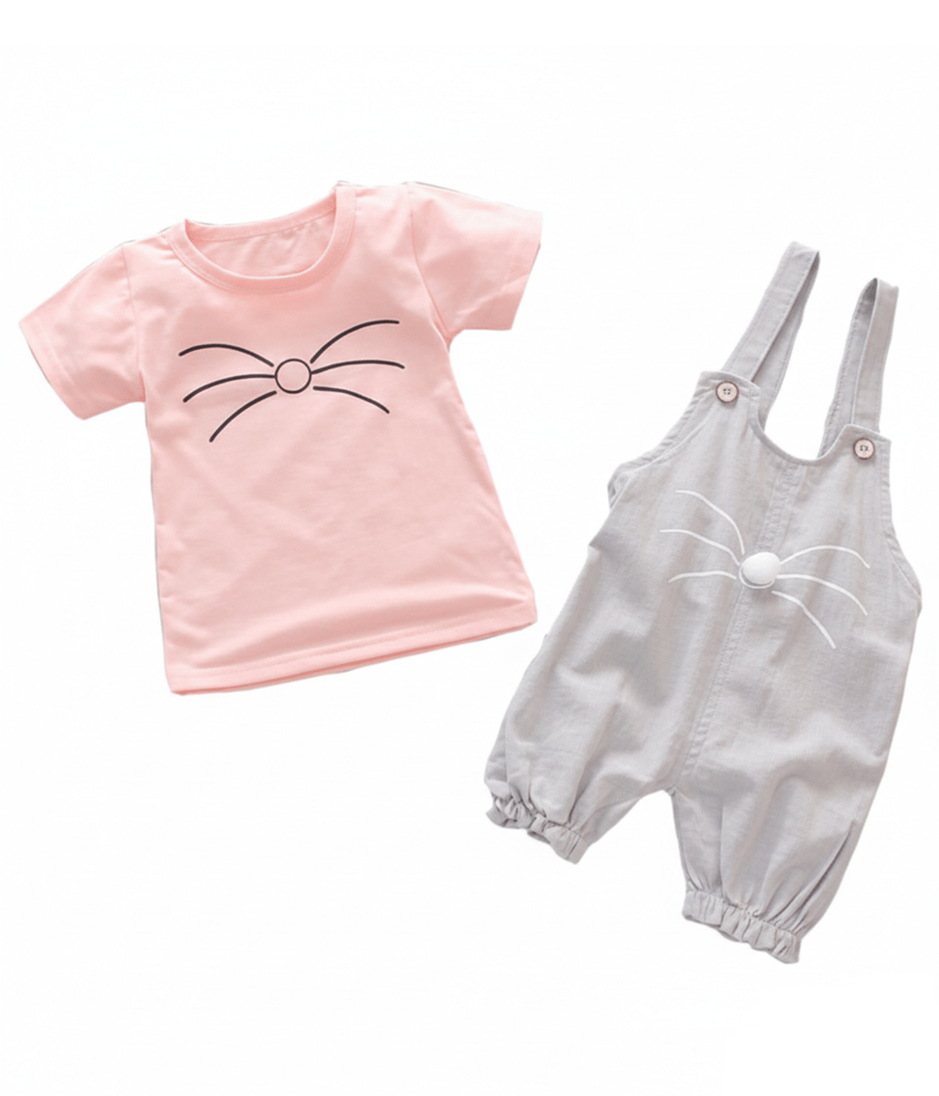 Stylish Girls' Whiskers Shorts Dungaree Set In Grey/Pink