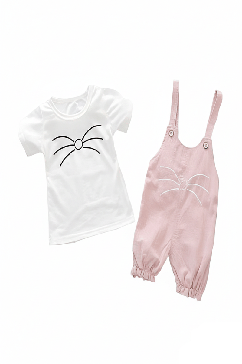 Stylish Girls' Whiskers Shorts Dungaree Set In White/Pink