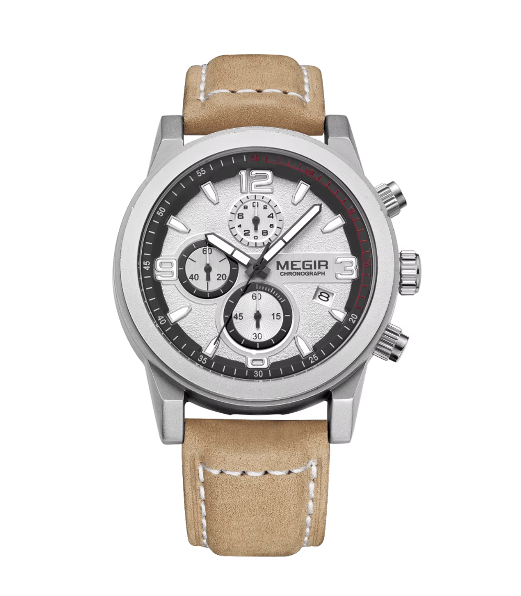 Men's Luxury Chronograph Watch with Leather Strap and Calendar