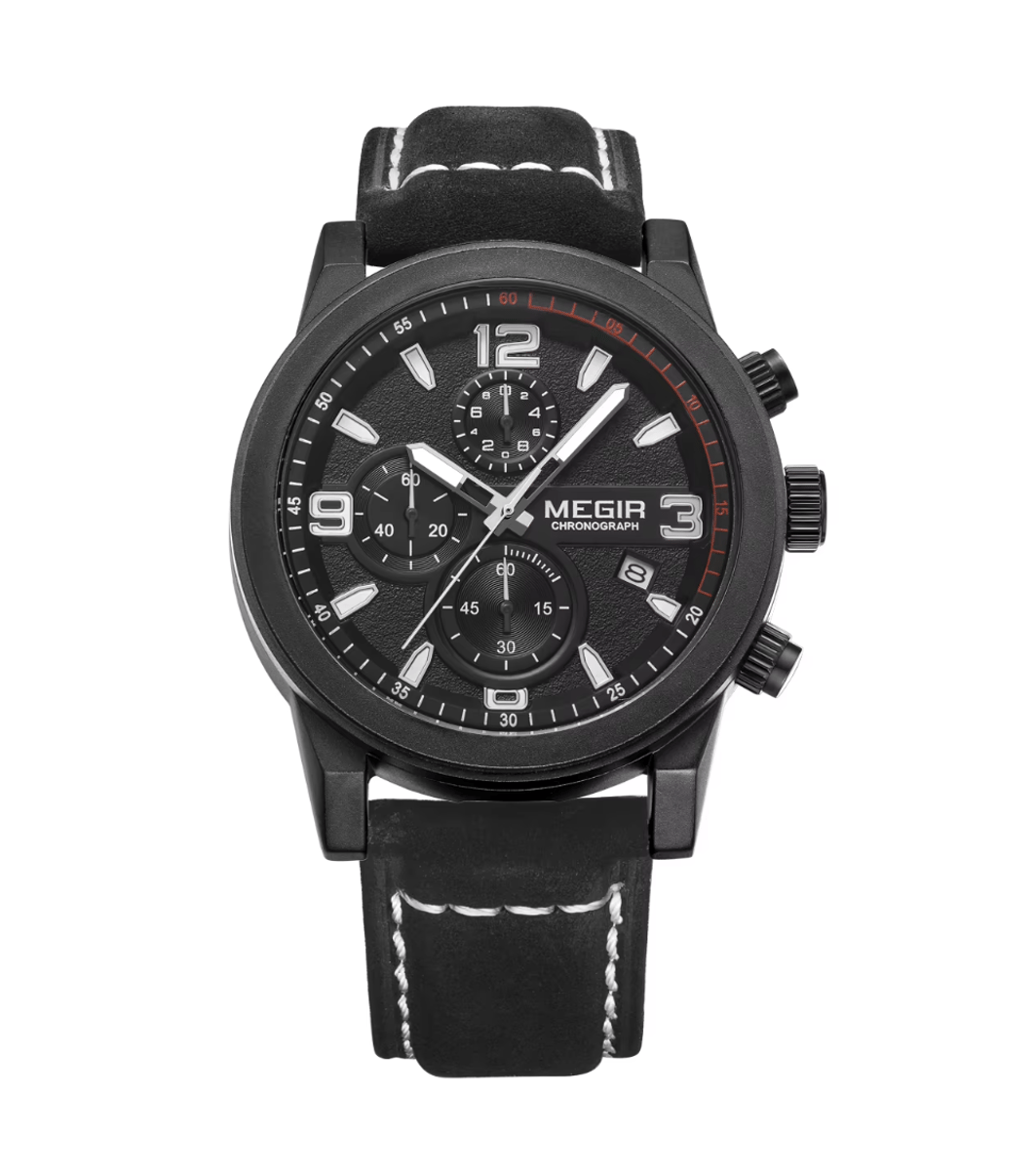 Men's Luxury Chronograph Watch with Leather Strap and Calendar