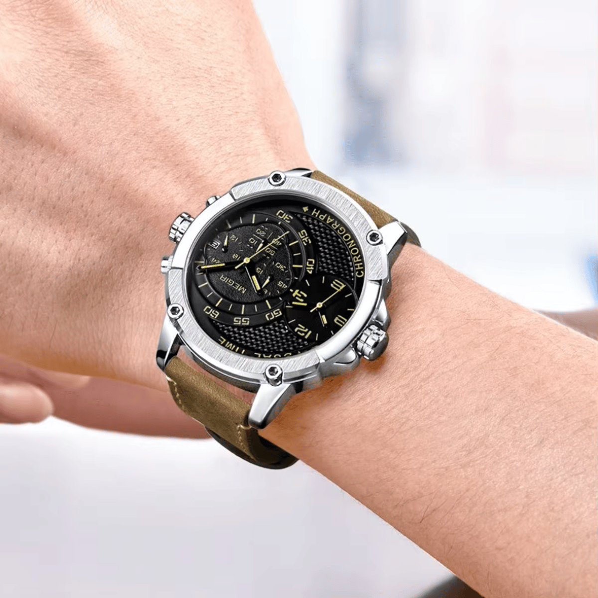 Chronograph Men's Leather Strap Watch with Calendar & Waterproof Design