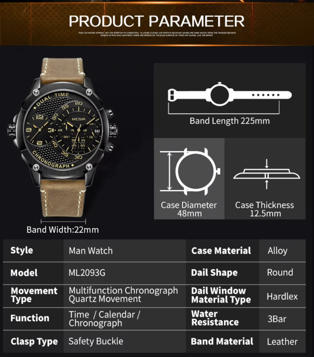Chronograph Men's Leather Strap Watch with Calendar & Waterproof Design