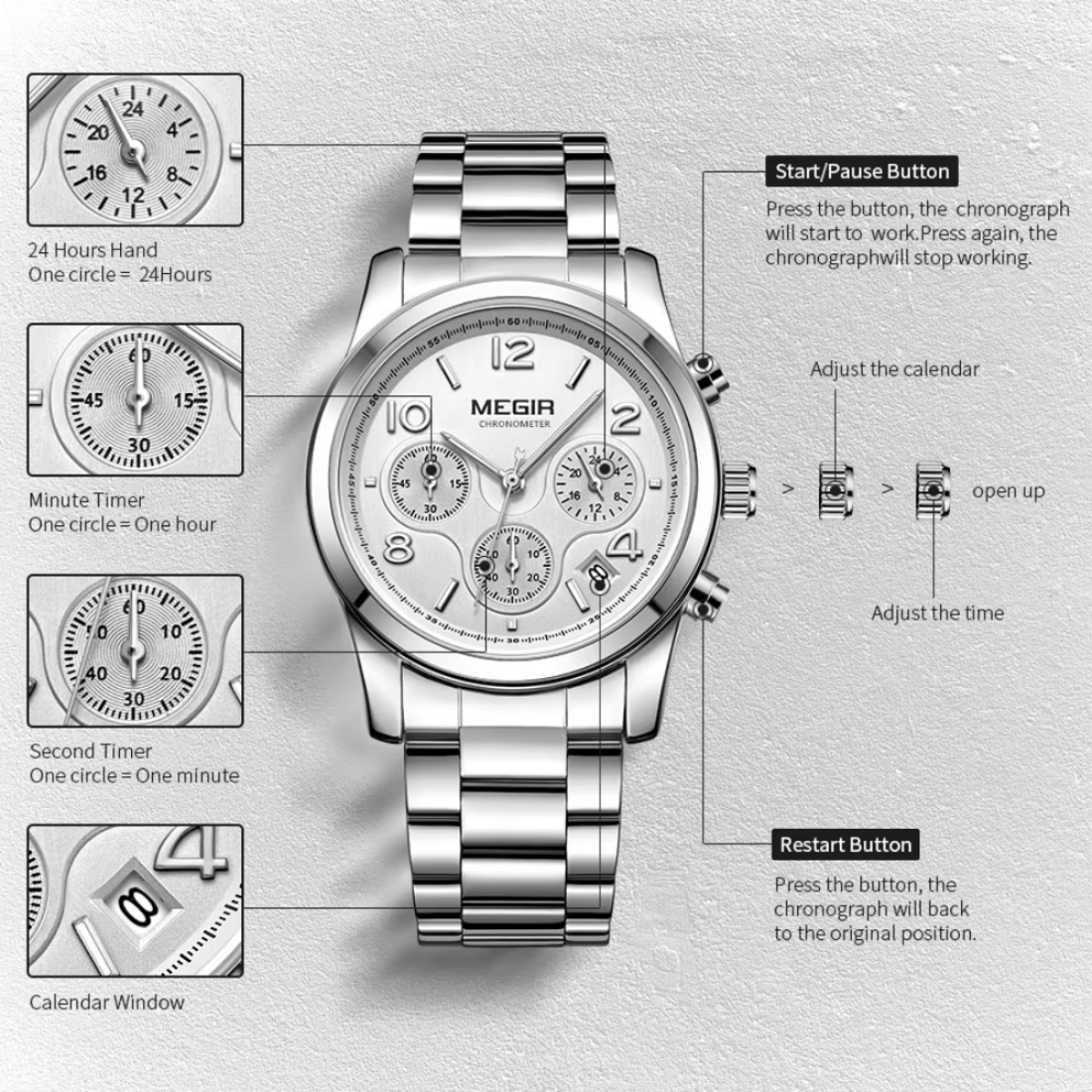 Women's Stainless Steel Chronograph Watch with Quartz Movement