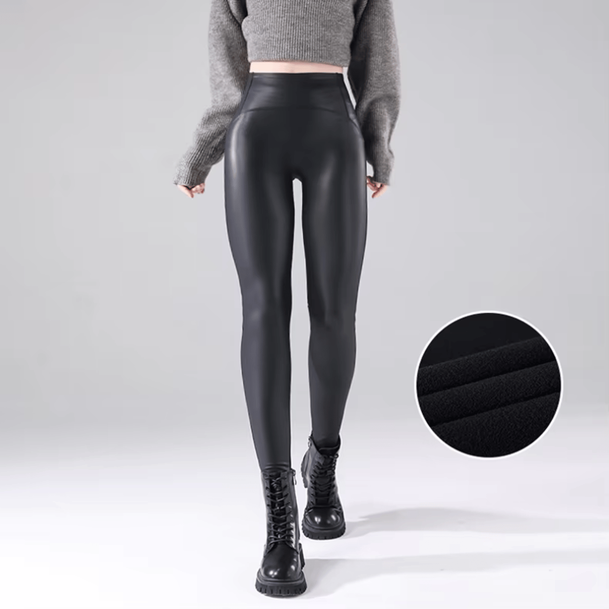 Wine Red High-Waist PU Leather Fleece Lined Leggings for Winter Wine Red High-Waist PU Leather Fleece Lined Leggings for Winter