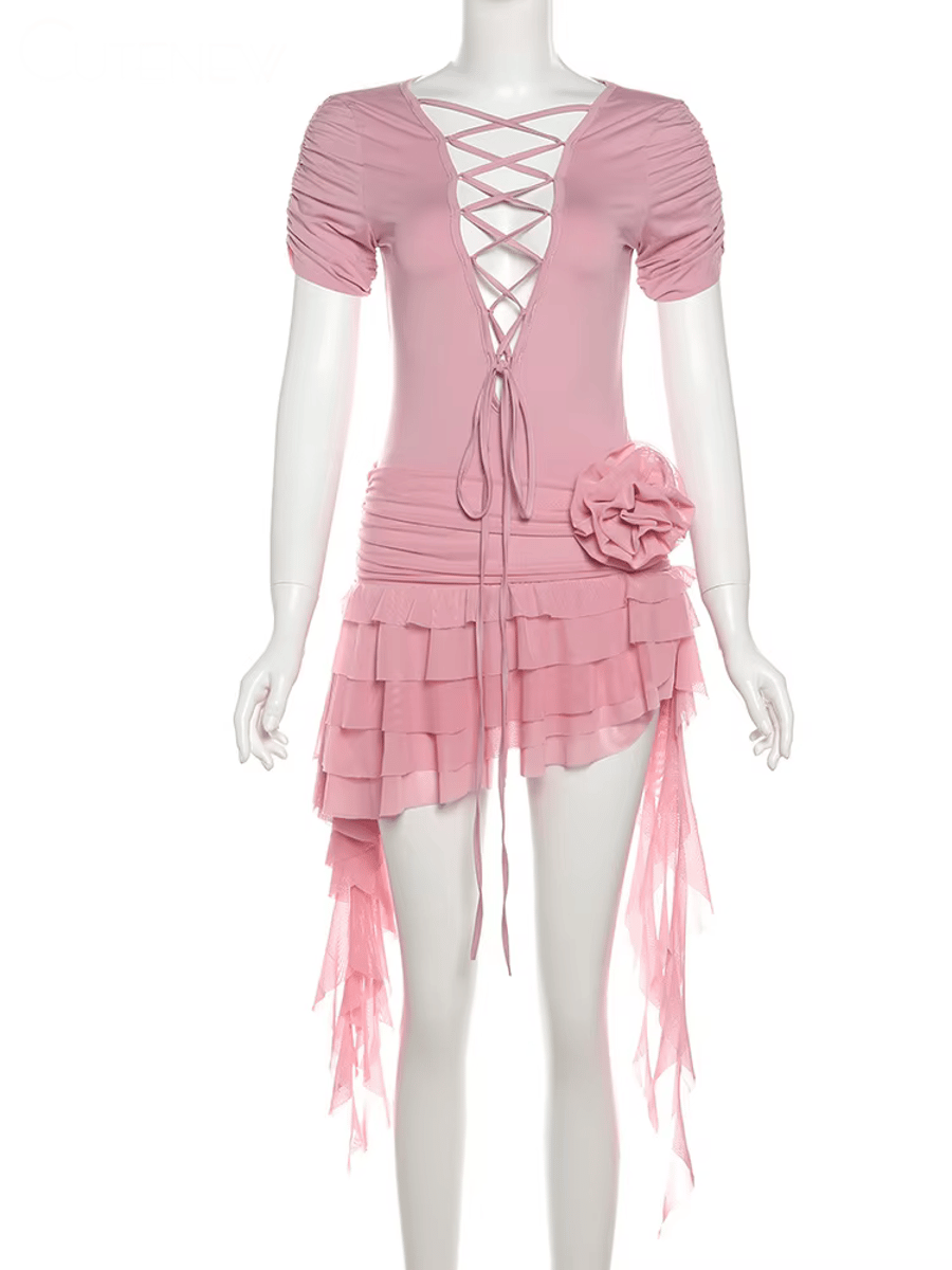 Trendy Ruffle Mini Dress with Tassel Detail and Drawstring Cutenew - Women's Mini Dresses