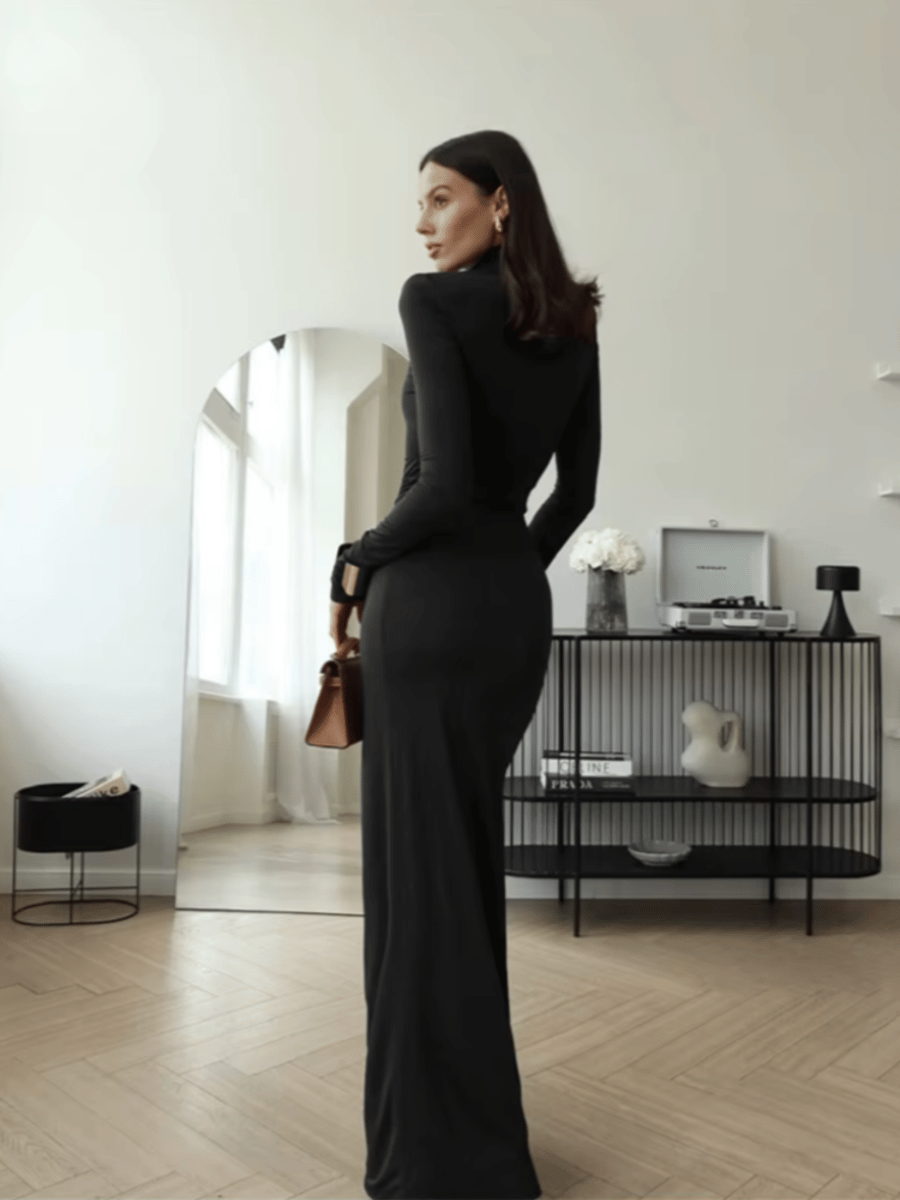 Elegant Turtleneck Bodycon Maxi Party Dress with Thigh High Split