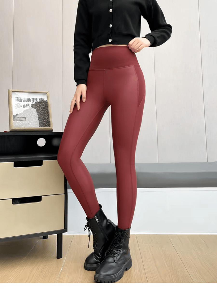High-Waisted Fleece Lined PU Leather Leggings for Women
