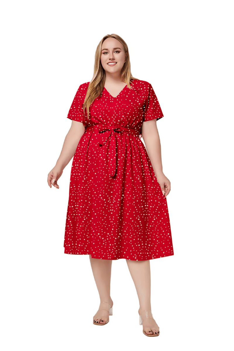 Elegant Polka Dot V-Neck Belted A-Line Midi Dress