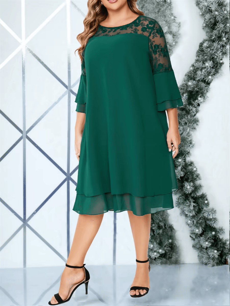 Elegant Embroidered Mesh Patchwork Chiffon Midi Dress with Flare Sleeves