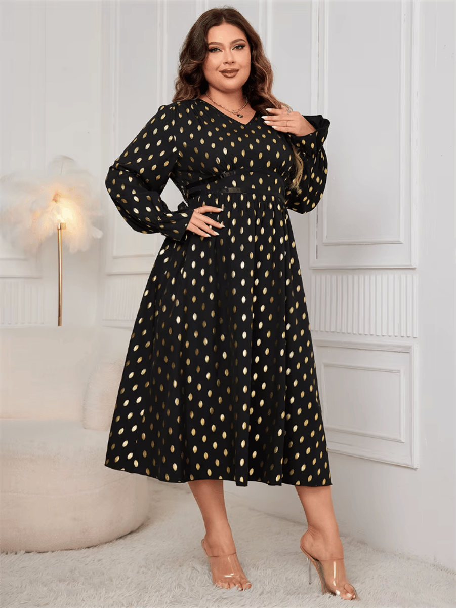 Elegant Polka Dot V-Neck A-Line Midi Dress