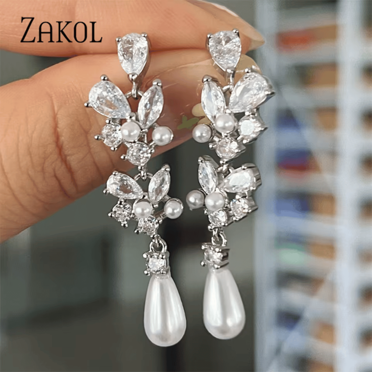 Elegant Imitation Pearl Dangle Earrings with Zircon Flower Detail
