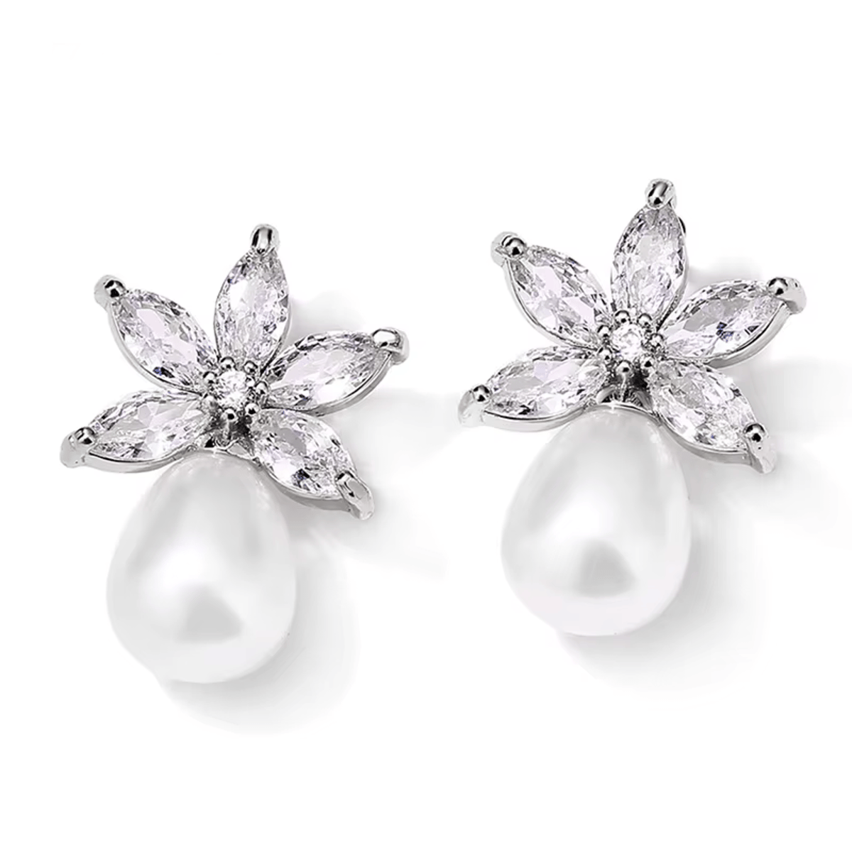 Elegant Leaf-Shaped Cubic Zirconia and Pearl Drop Earrings