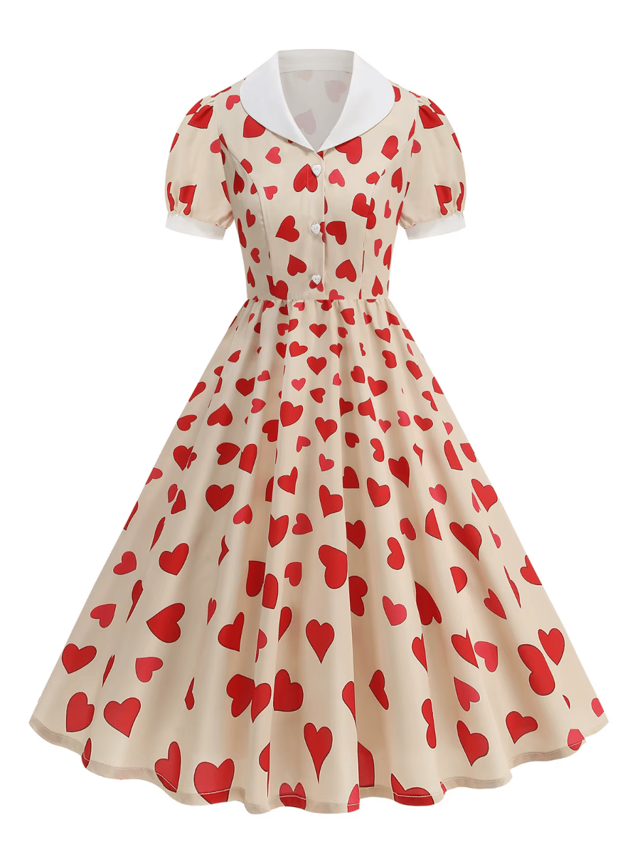 Vintage Heart Print Puff Sleeve Dress with Contrast Collar