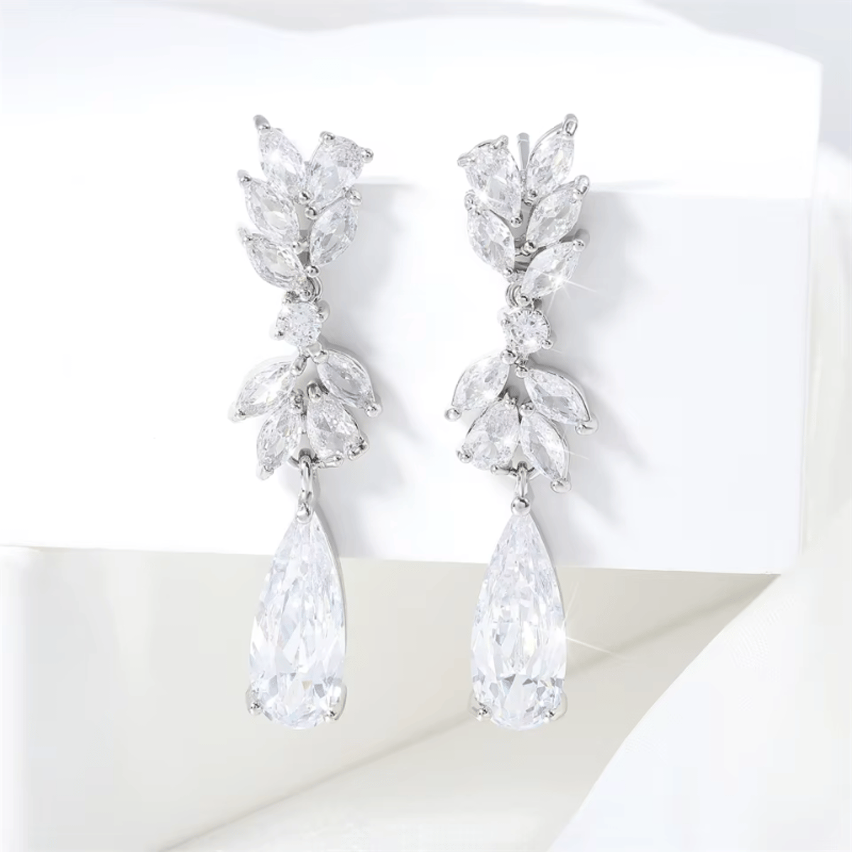 Elegant Zircon Leaf Dangle Earrings with Water Drop Crystals