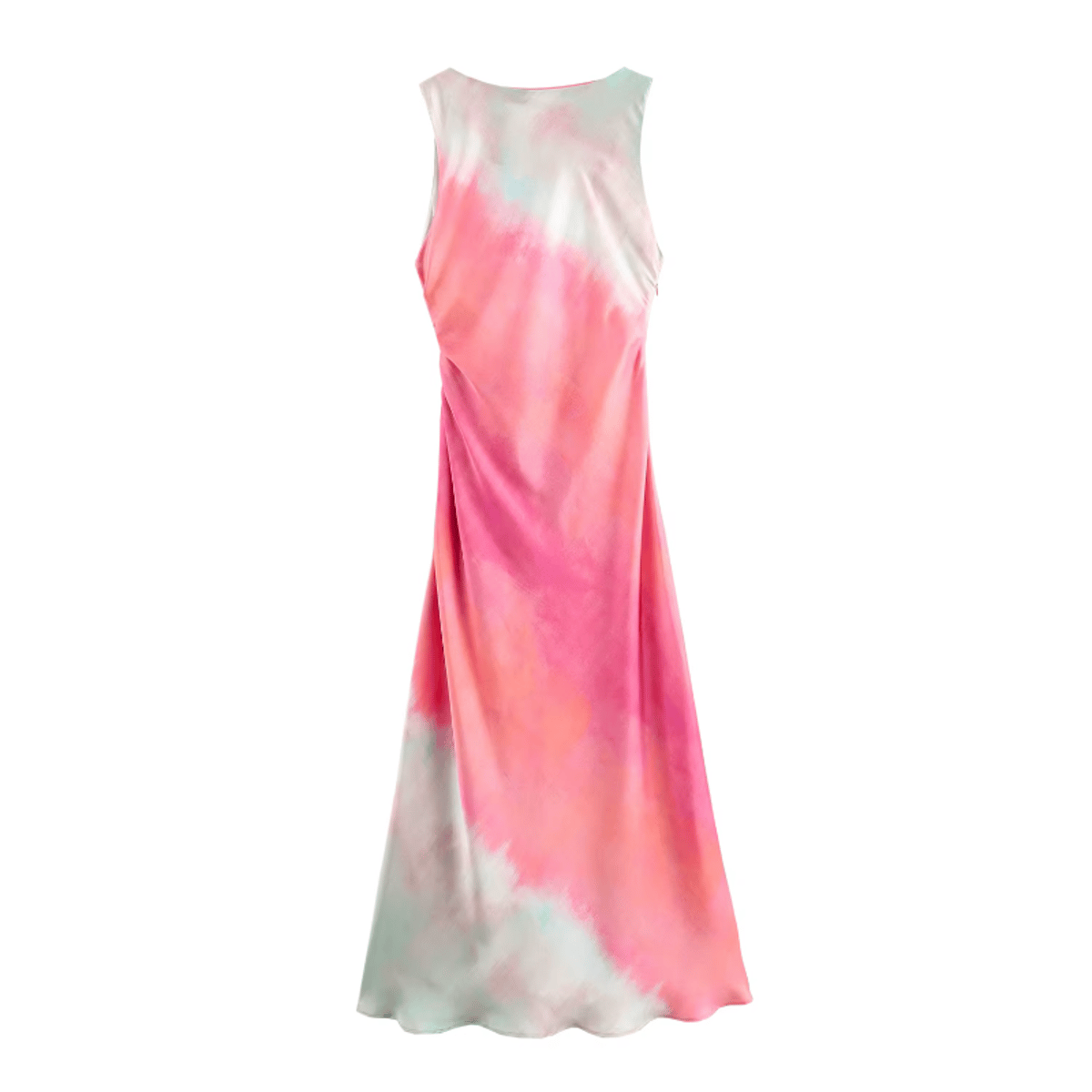 High Street Women's Fashion Tie-dye Printed Midi Dress Sleeveless Gathered Hem Split Female Gown