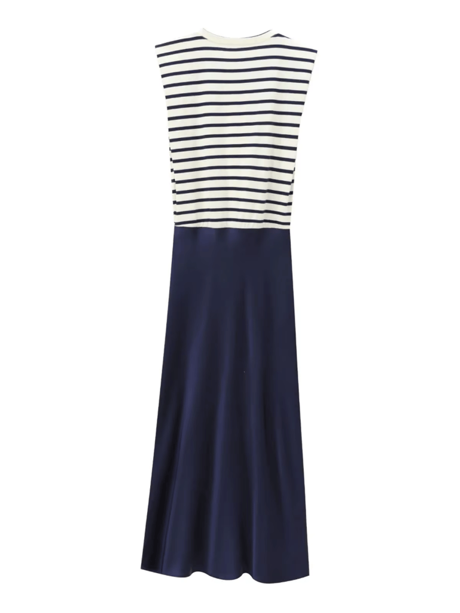 Women's Fashion Contrast Satin Midi Dress Retro Round Neck Sleeveless Versatile Female Midi Dress