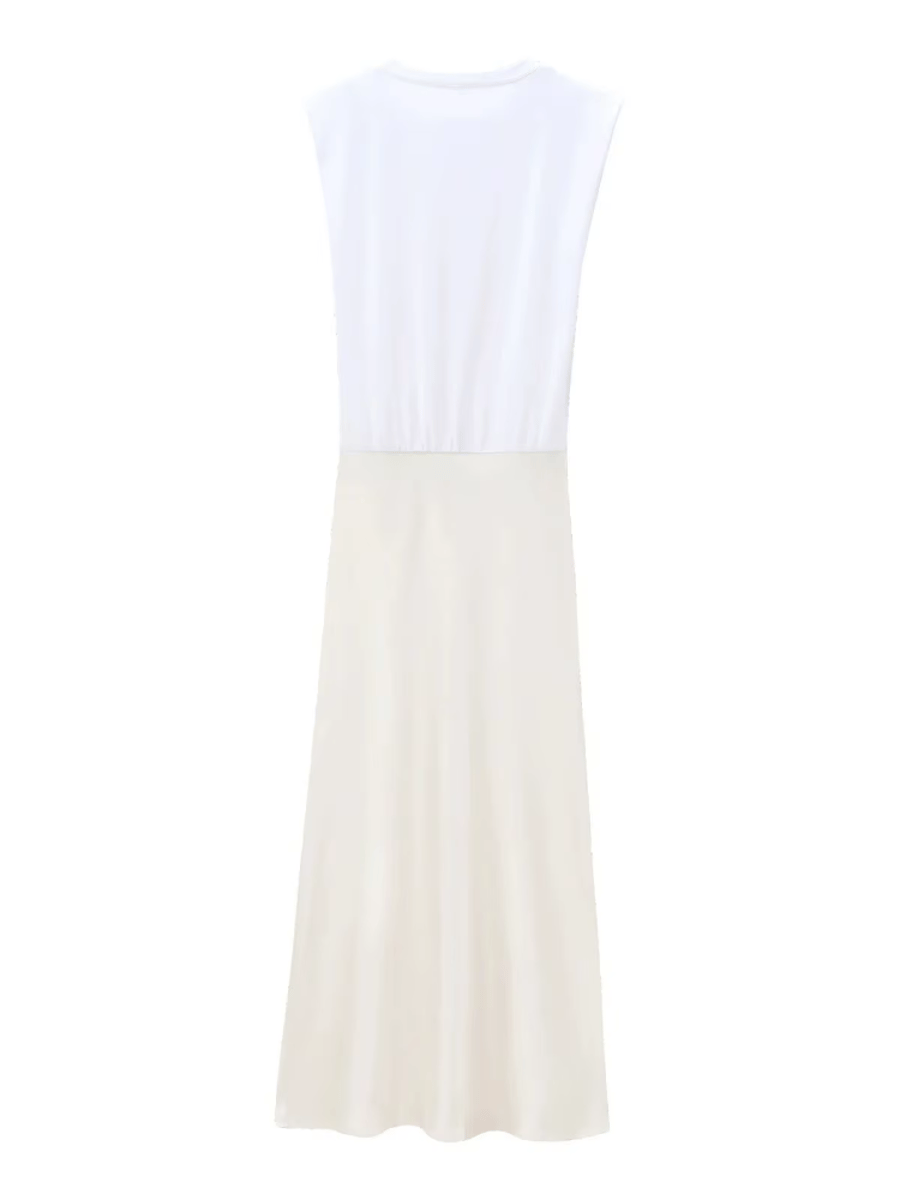 Women's Fashion Contrast Satin Midi Dress Retro Round Neck Sleeveless Versatile Female Midi Dress