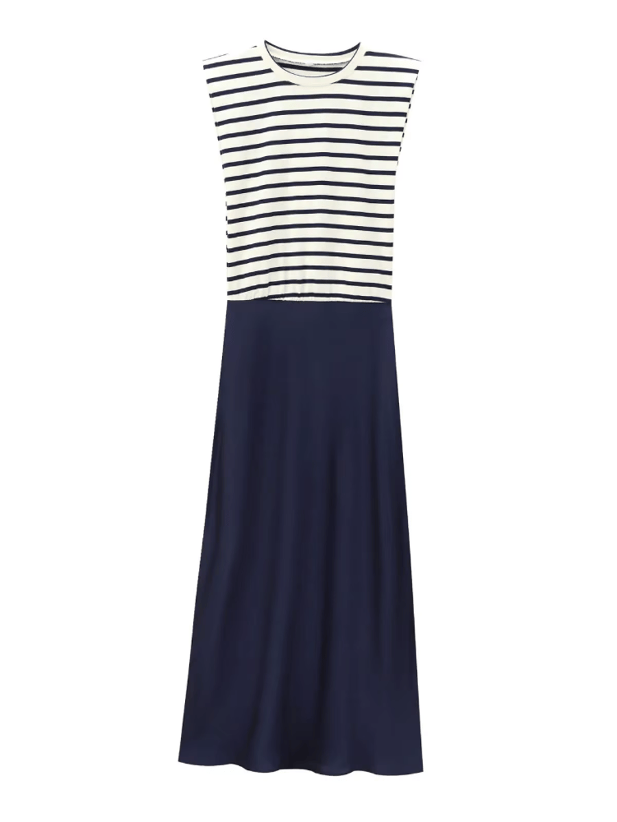 Women's Fashion Contrast Satin Midi Dress Retro Round Neck Sleeveless Versatile Female Midi Dress