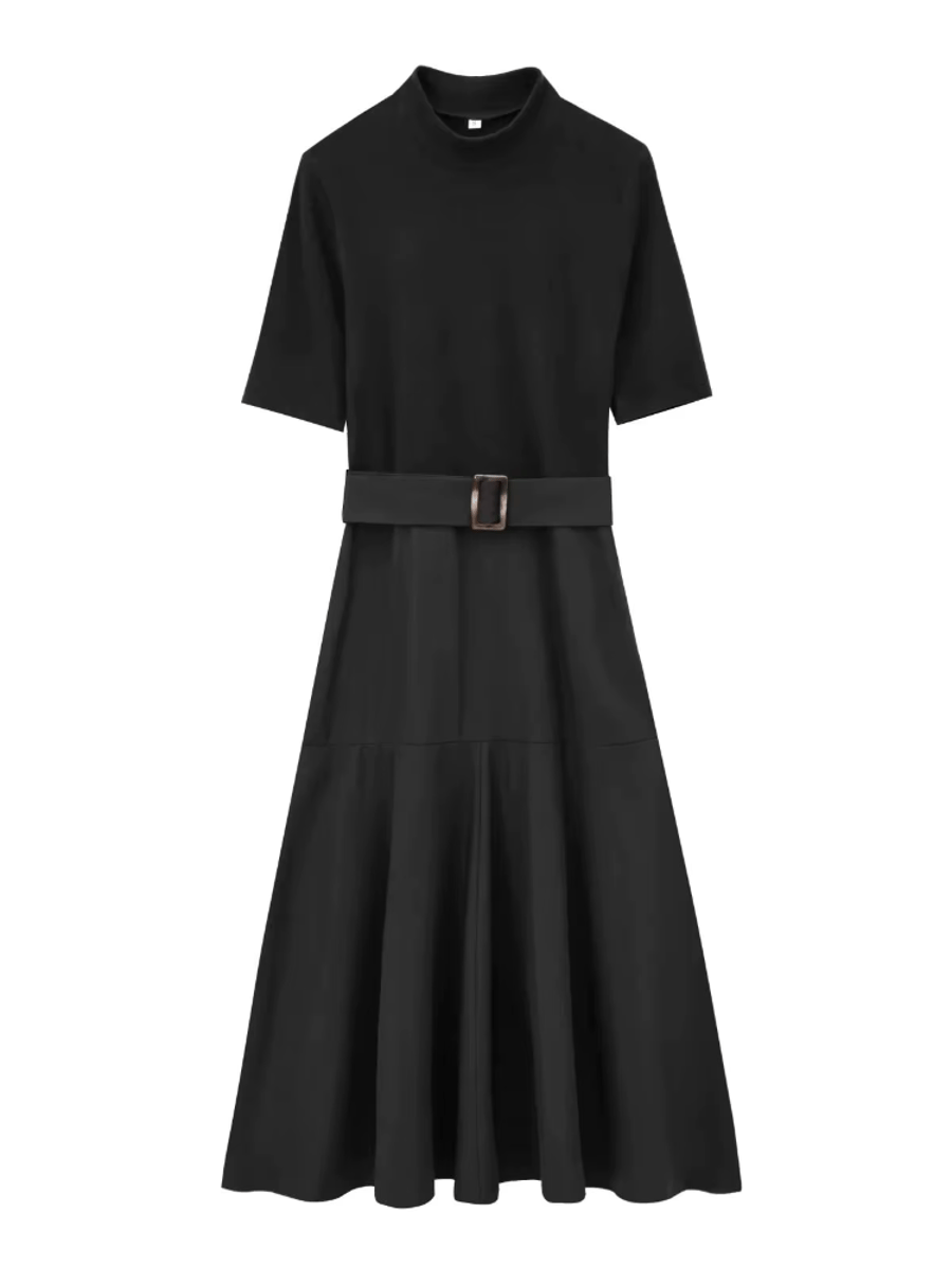 Women's Soft Belt Retro Midi Dress Stand Collar Short Sleeve Splicing Female Midi Dresses