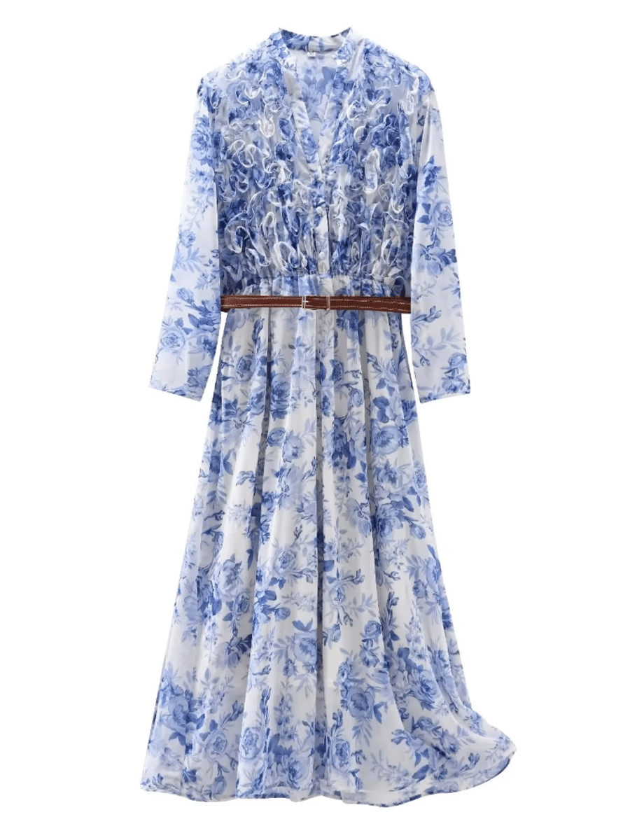 Women's Fashion Printed Ruffle Belt Dress V-Neck Long Sleeve with Front Button Midi Length Xnwmnz - Women's Midi Dresses