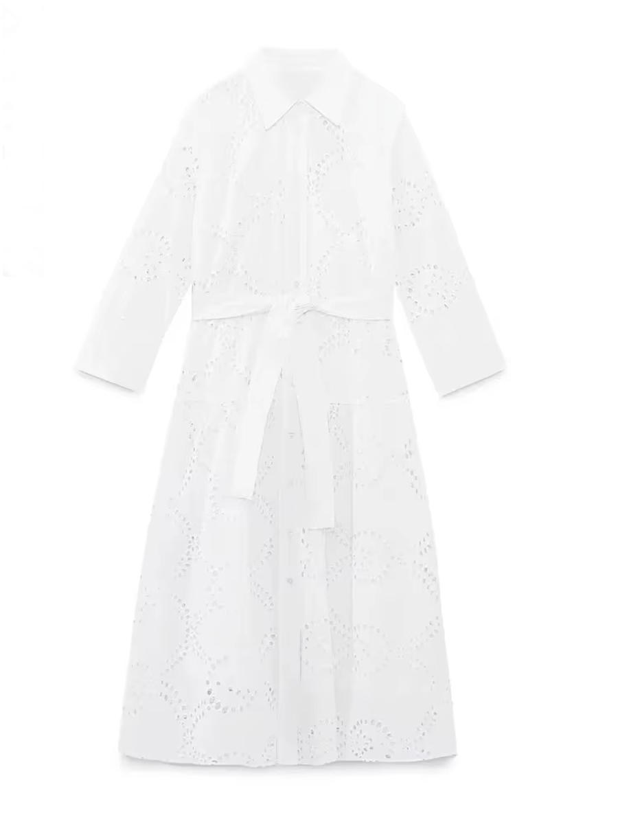 Women's Embroidered Shirt Dress Retro Lapel Long Sleeve Midi Chic Female Fashion with Belt