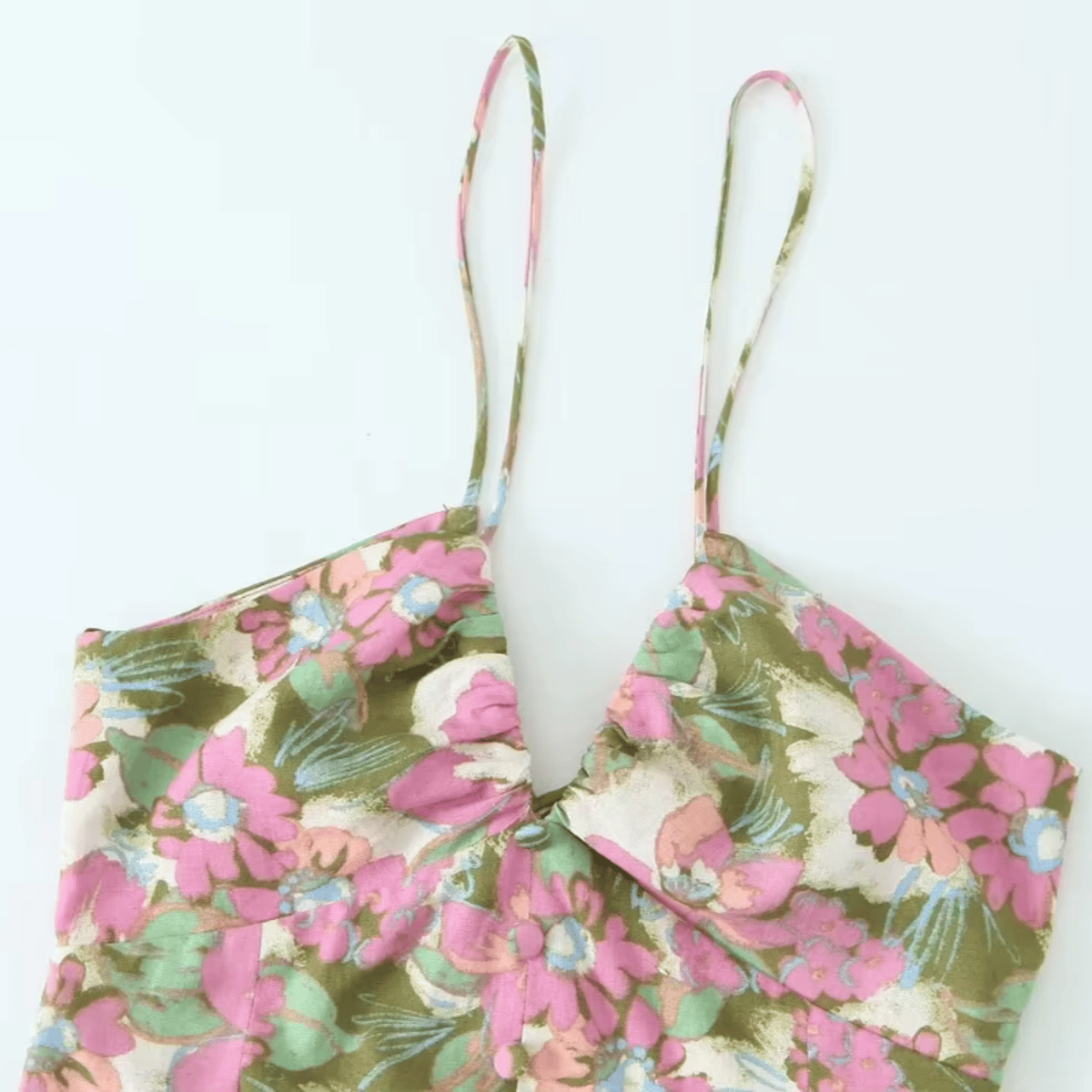 Women's Linen Blended Flower Print Dress V-Neck Adjustable Straps Open Back Tie Front Split