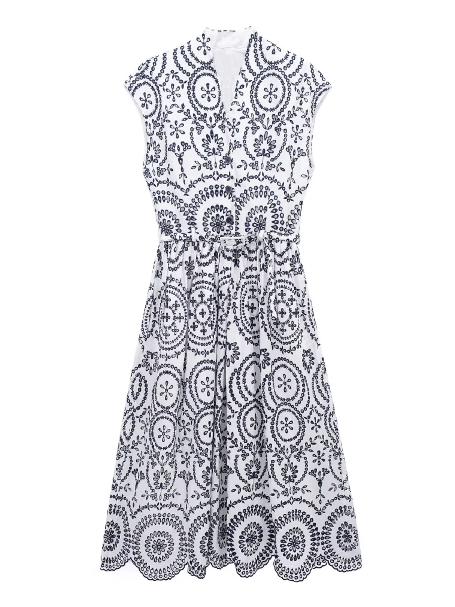 Elegant Embroidered Midi Dress with V-Neck and Belt Xnwmnz - Women's Midi Dresses