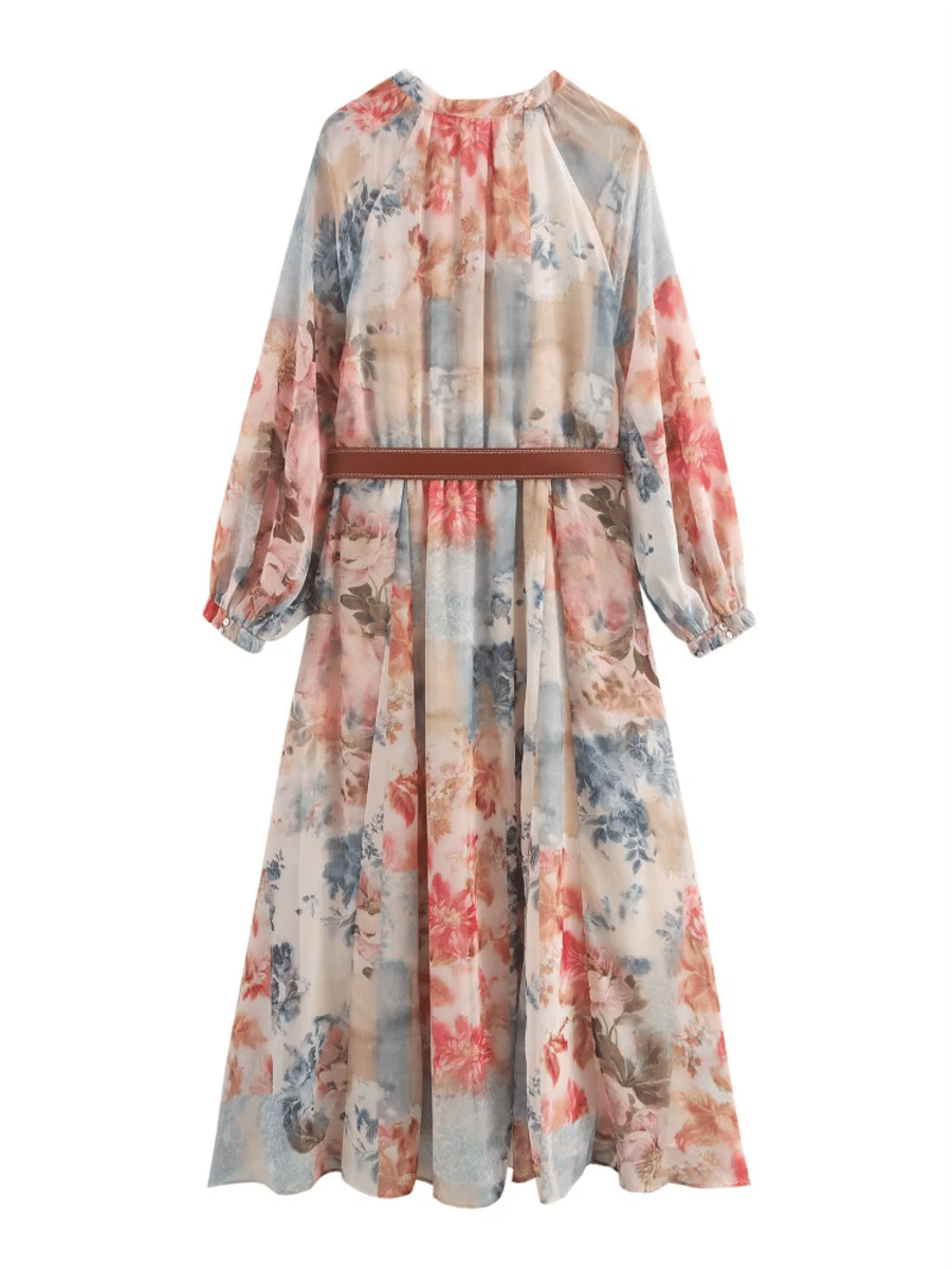Elegant Floral Print V-Neck Midi Dress with Belt Elegant Floral Print V-Neck Midi Dress with Belt