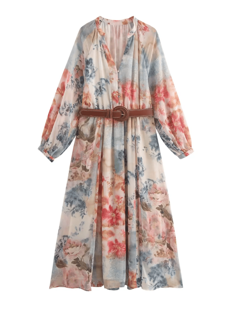Elegant Floral Print V-Neck Midi Dress with Belt Elegant Floral Print V-Neck Midi Dress with Belt