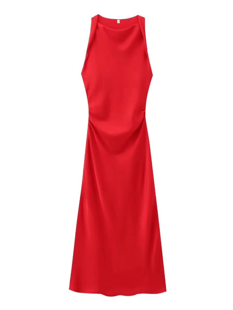 Elegant Sleeveless Satin Midi Dress for Evening Parties