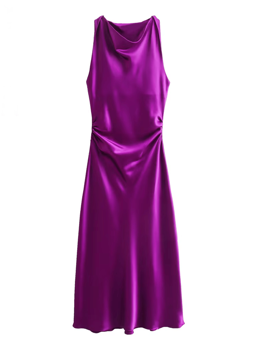 Elegant Sleeveless Satin Midi Dress with Ruched Detailing Elegant Sleeveless Satin Midi Dress with Ruched Detailing