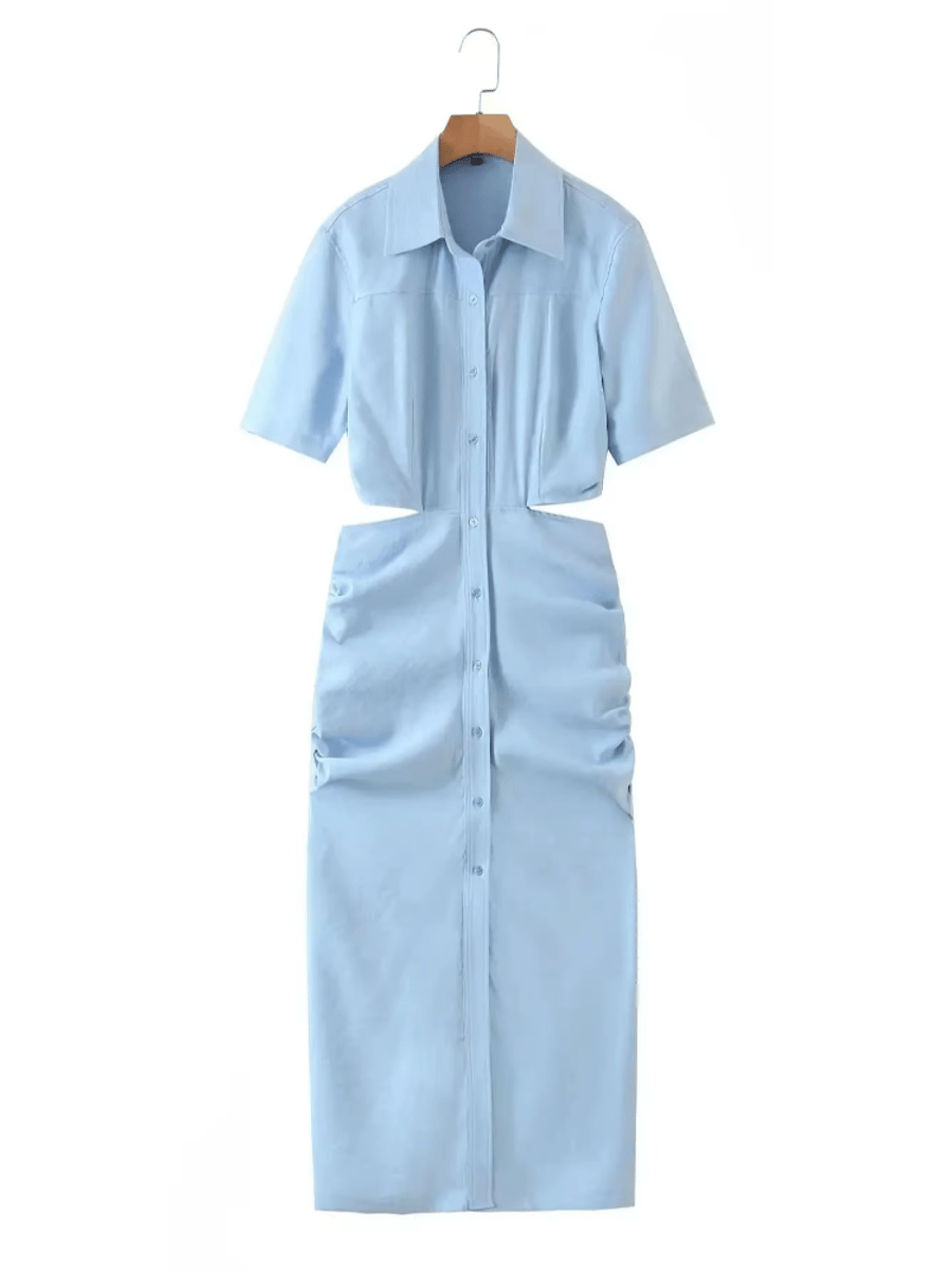Elegant Hollow Waist Midi Shirt Dress with Pleated Design Elegant Hollow Waist Midi Shirt Dress with Pleated Design