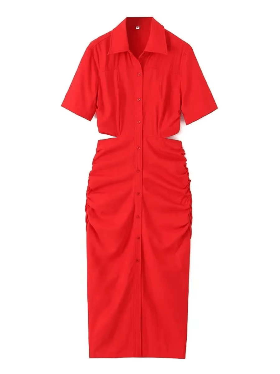 Elegant Hollow-Out Waist Midi Shirt Dress with Pleated Design