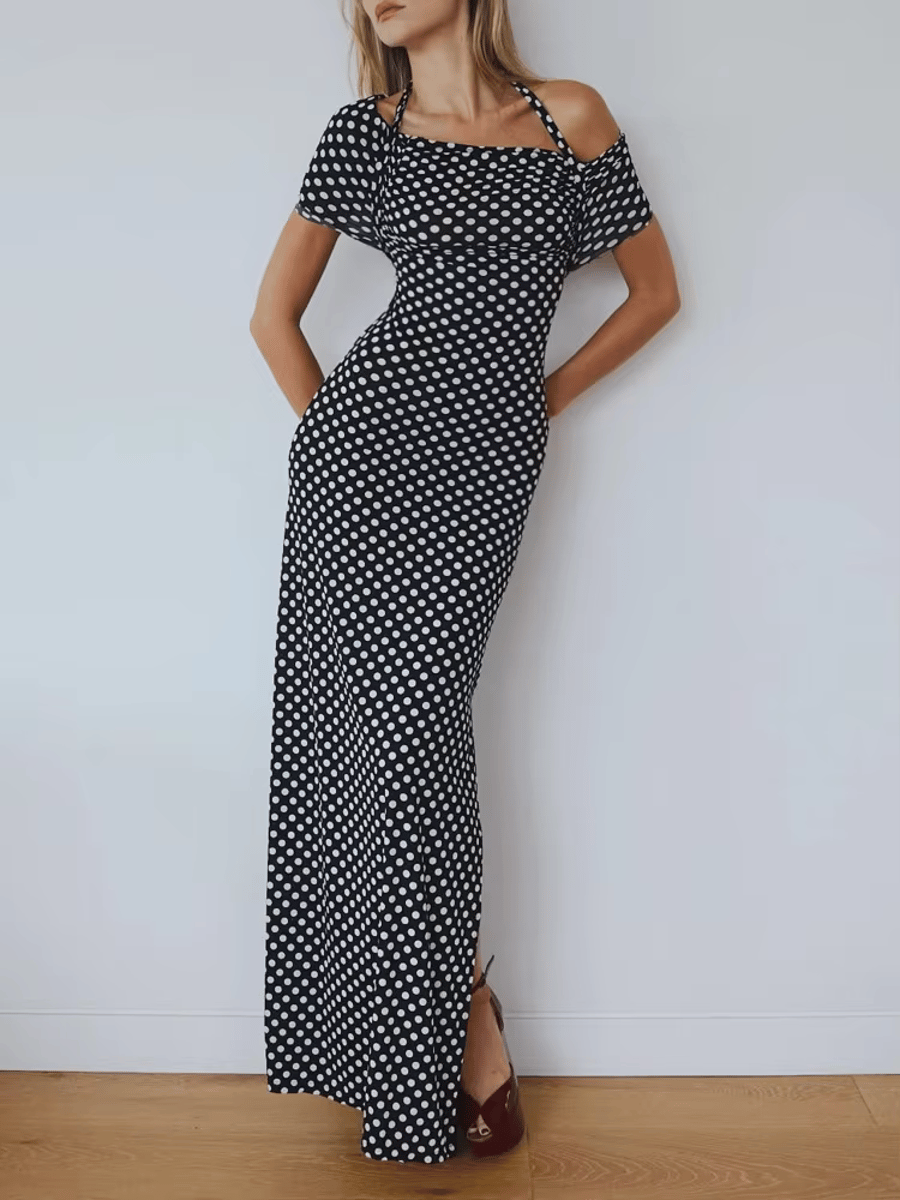 Elegant Off-Shoulder Polka Dot Maxi Dress with Split Hem Elegant Off-Shoulder Polka Dot Maxi Dress with Split Hem