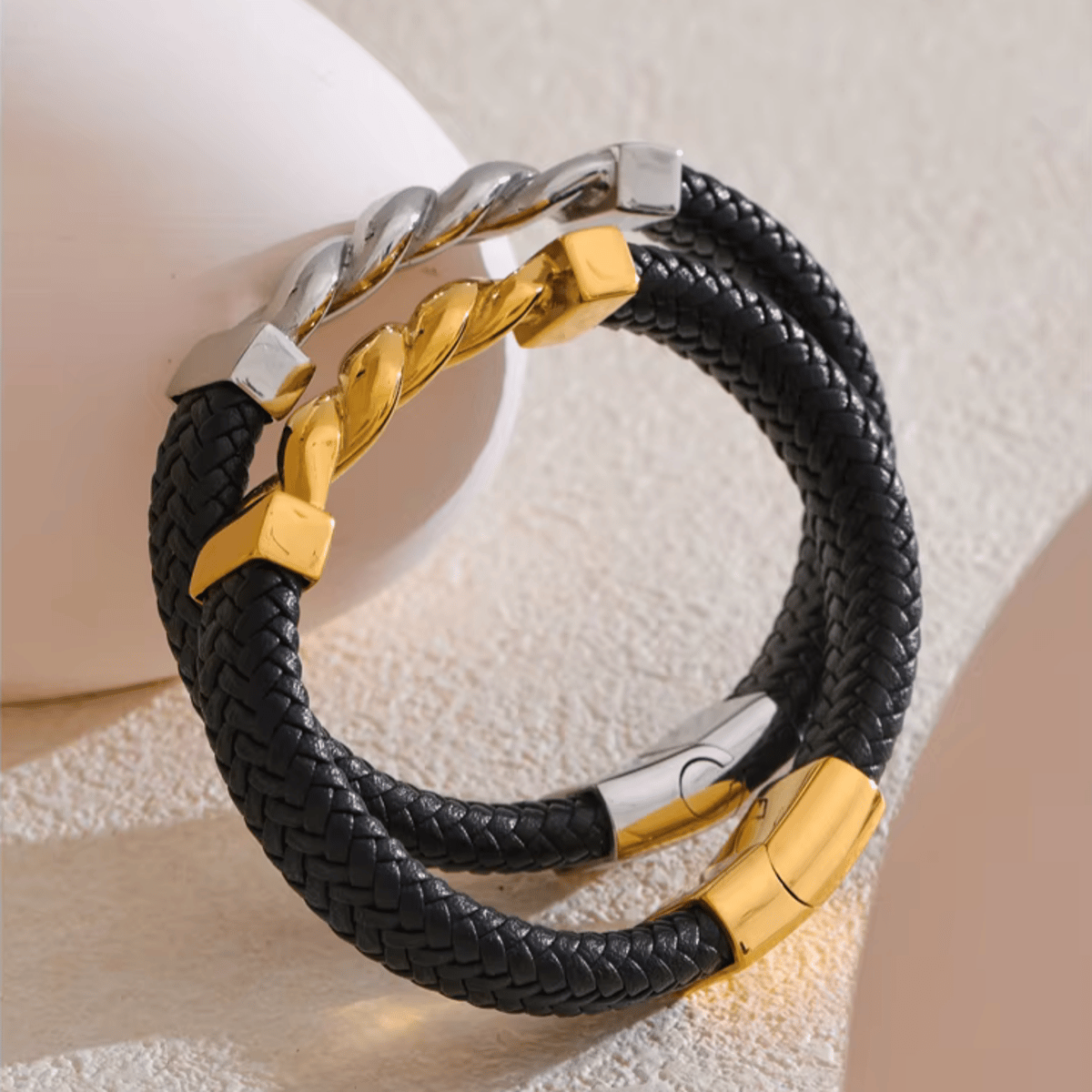 Handmade 65mm Leather Metal Twisted Chain Wide Bracelet for Men Handmade 65mm Leather Metal Twisted Chain Wide Bracelet for Men