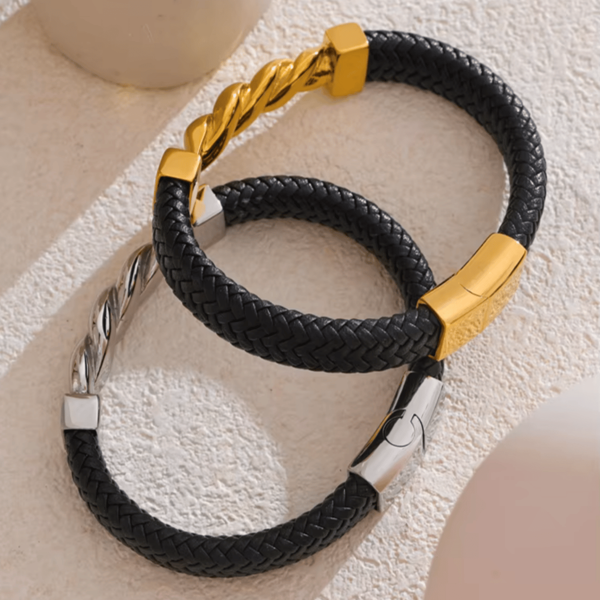 Handmade 65mm Leather Metal Twisted Chain Wide Bracelet for Men Handmade 65mm Leather Metal Twisted Chain Wide Bracelet for Men