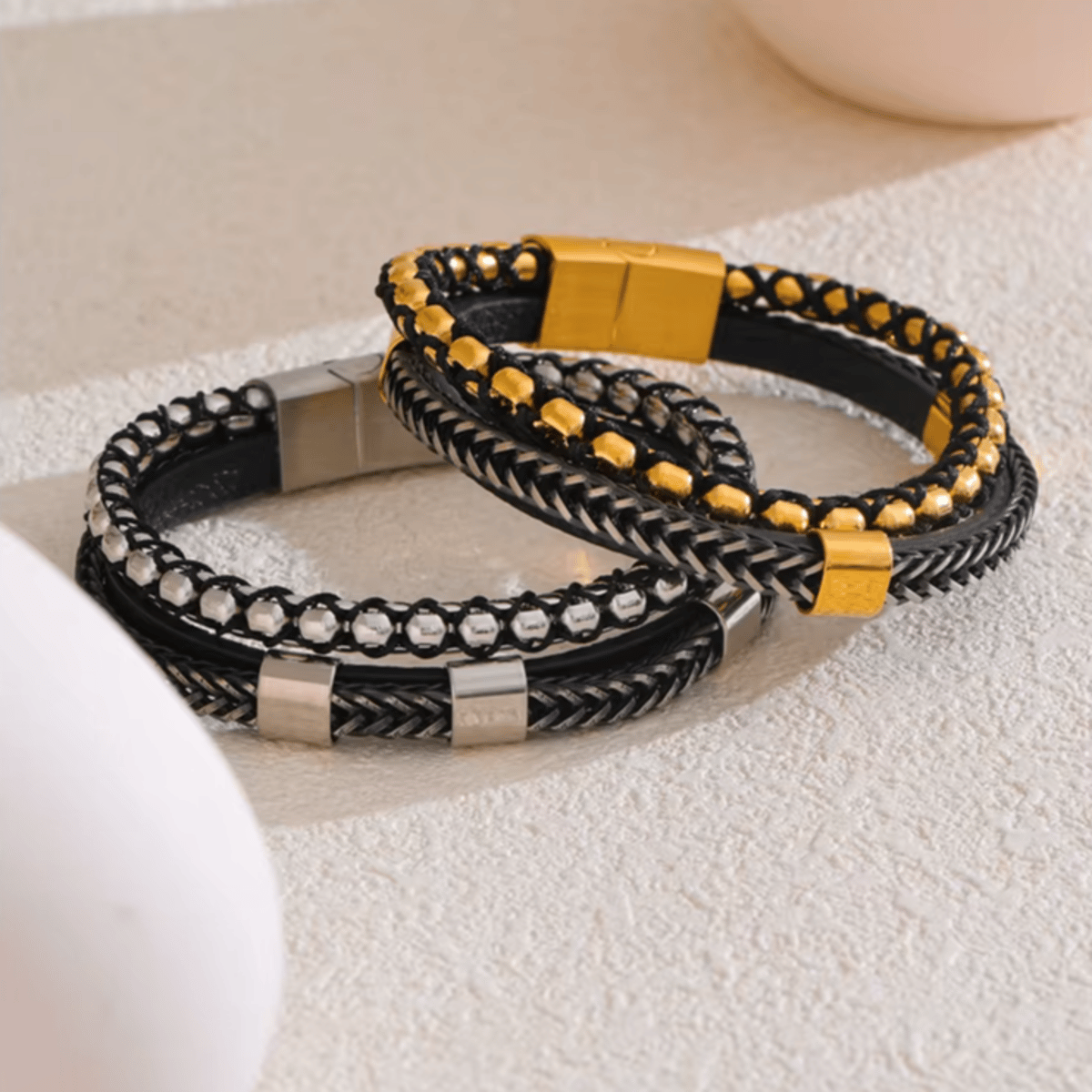 Handmade Double Layer Leather Metal Braided Unisex Bangle Bracelet Handmade Double Layer Leather Metal Braided Unisex Bangle Bracelet