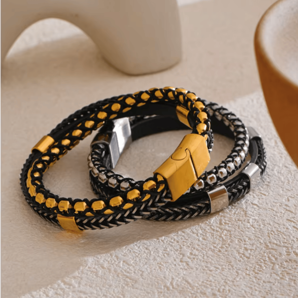 Handmade Double Layer Leather Metal Braided Unisex Bangle Bracelet Handmade Double Layer Leather Metal Braided Unisex Bangle Bracelet