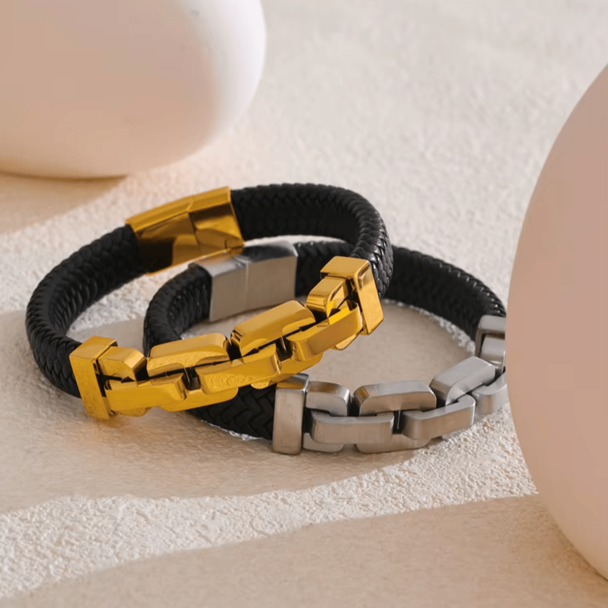 Elegant 18K Gold Plated Stainless Steel Leather Chain Bracelet