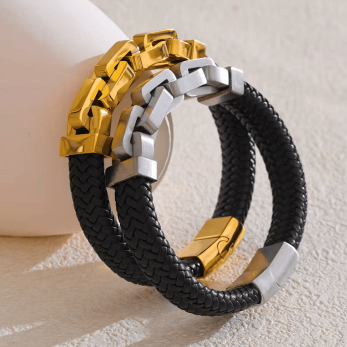Elegant 18K Gold Plated Stainless Steel Leather Chain Bracelet