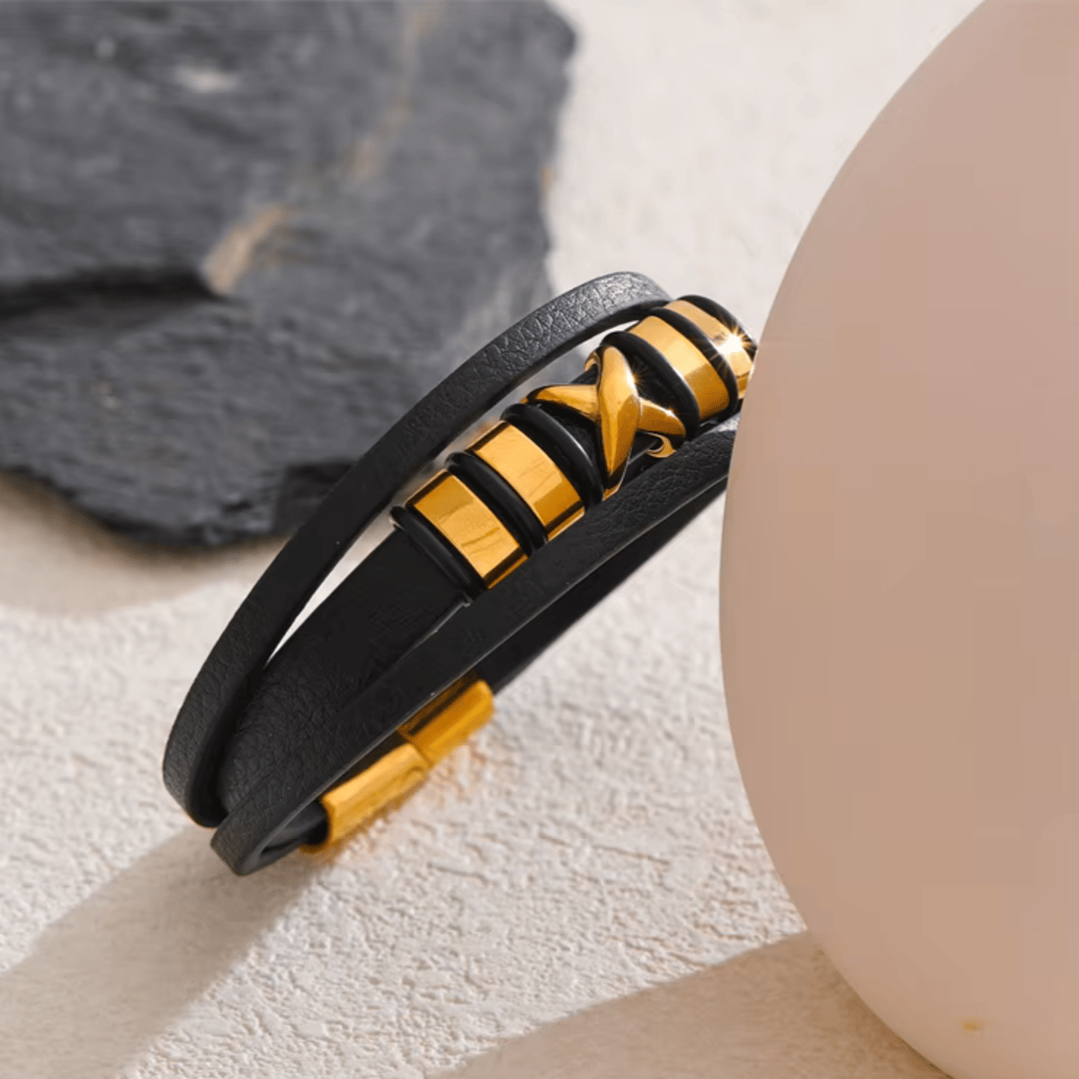 Stylish Wide Leather Stainless Steel Bracelet for Men