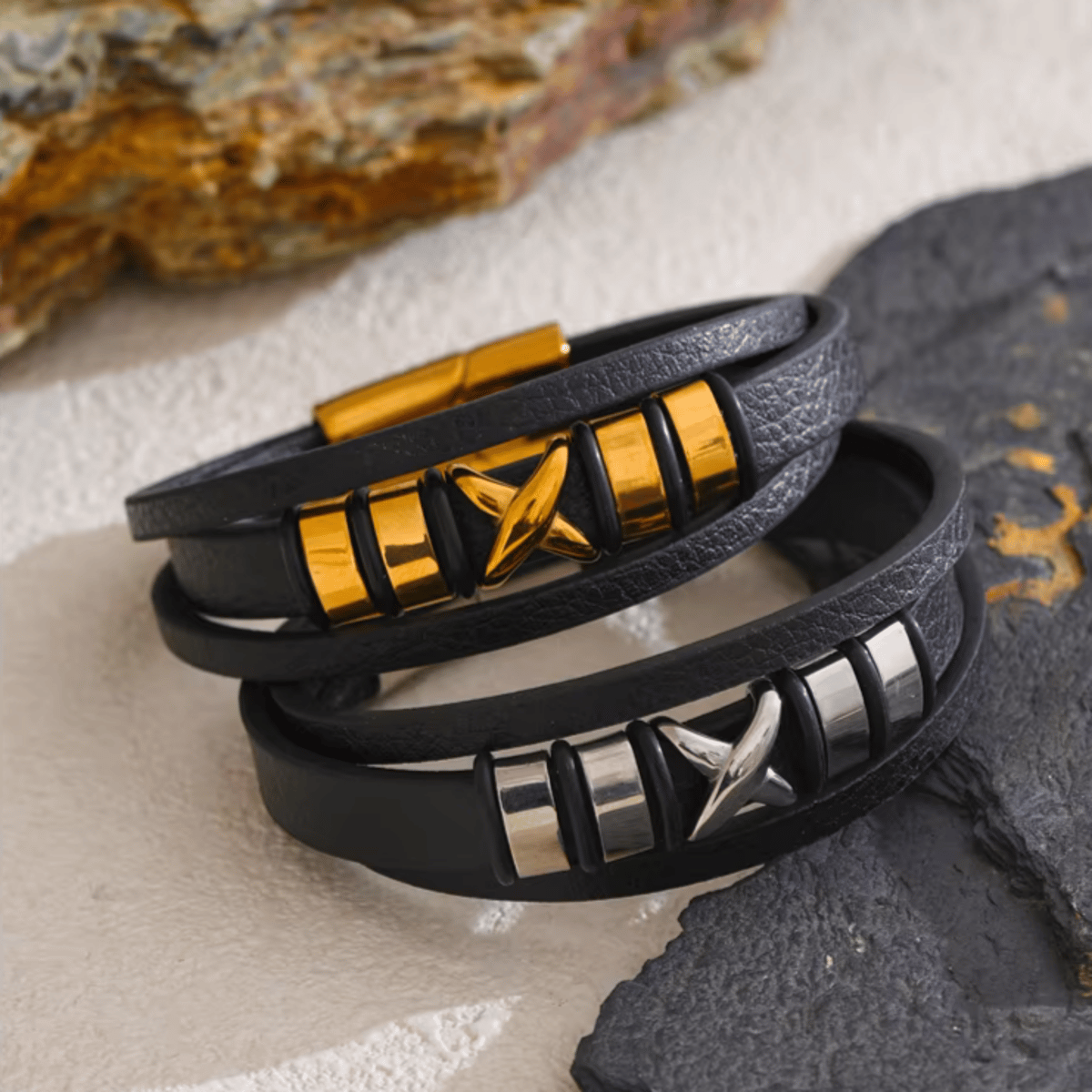 Stylish Wide Leather Stainless Steel Bracelet for Men