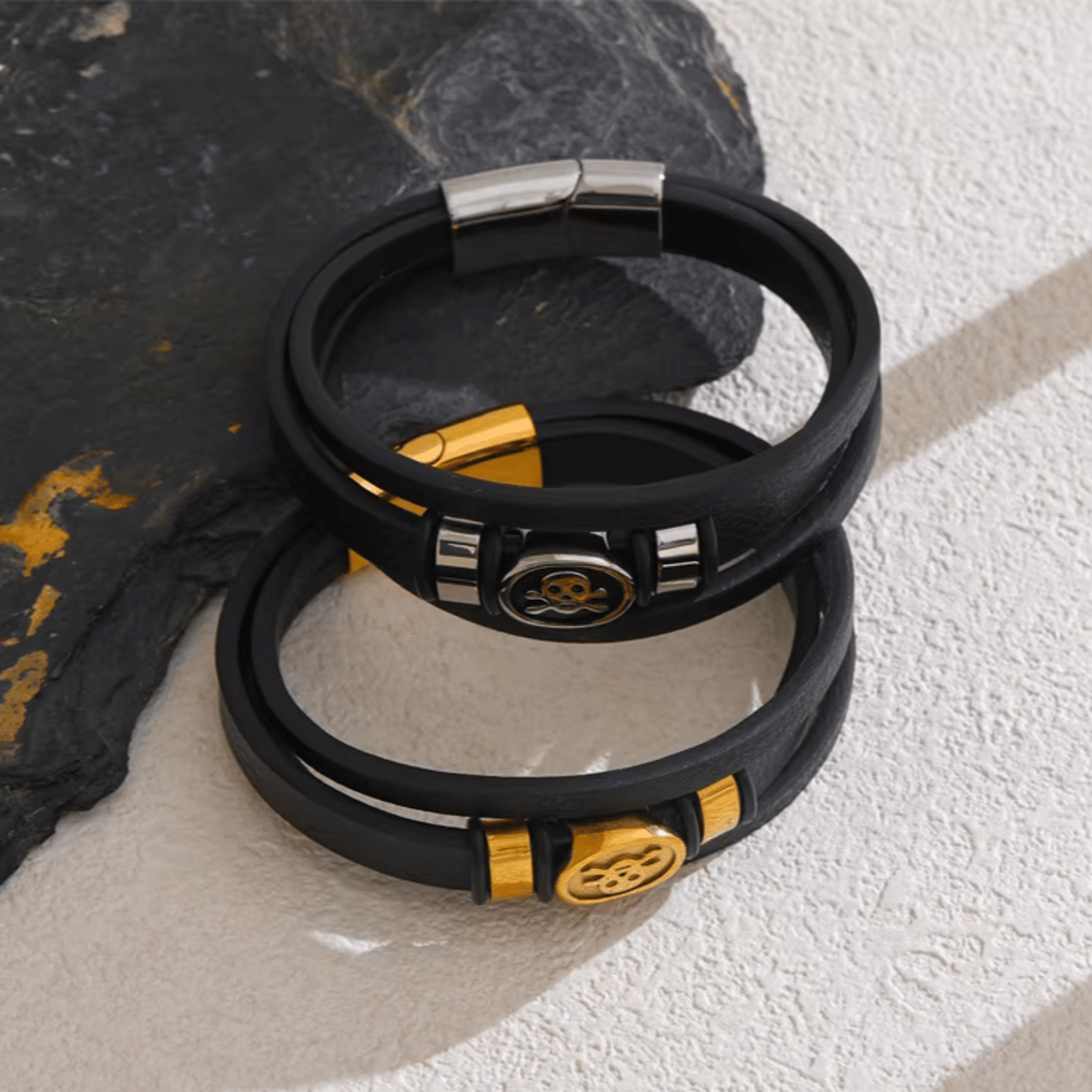 Bold 65mm Leather & Metal Skull Layered Bangle Bracelet