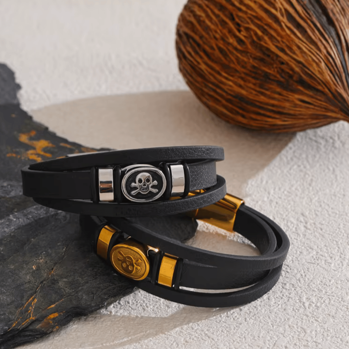 Bold 65mm Leather & Metal Skull Layered Bangle Bracelet