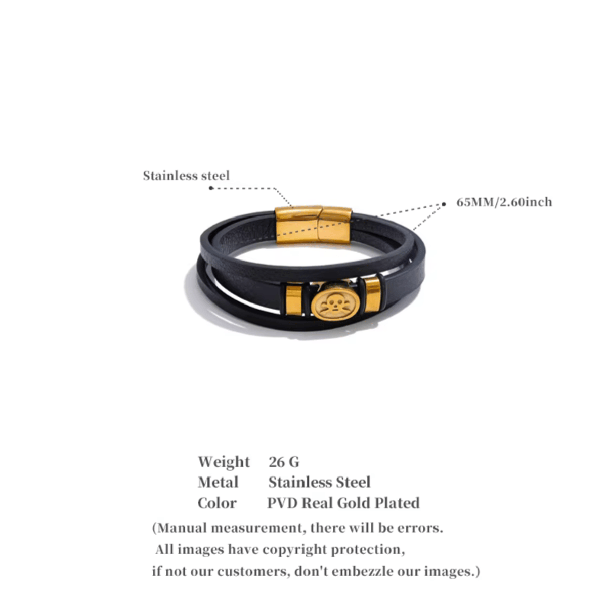 Bold 65mm Leather & Metal Skull Layered Bangle Bracelet