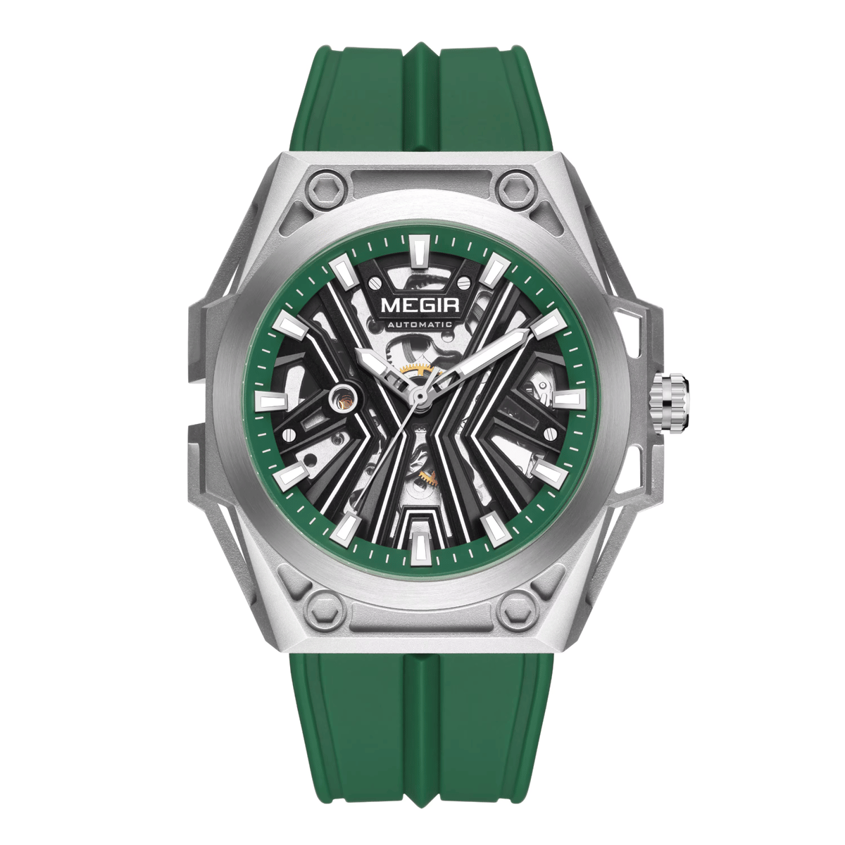 Men’s Stainless Steel Skeleton Mechanical Watch with Silicone Strap Men’s Stainless Steel Skeleton Mechanical Watch with Silicone Strap