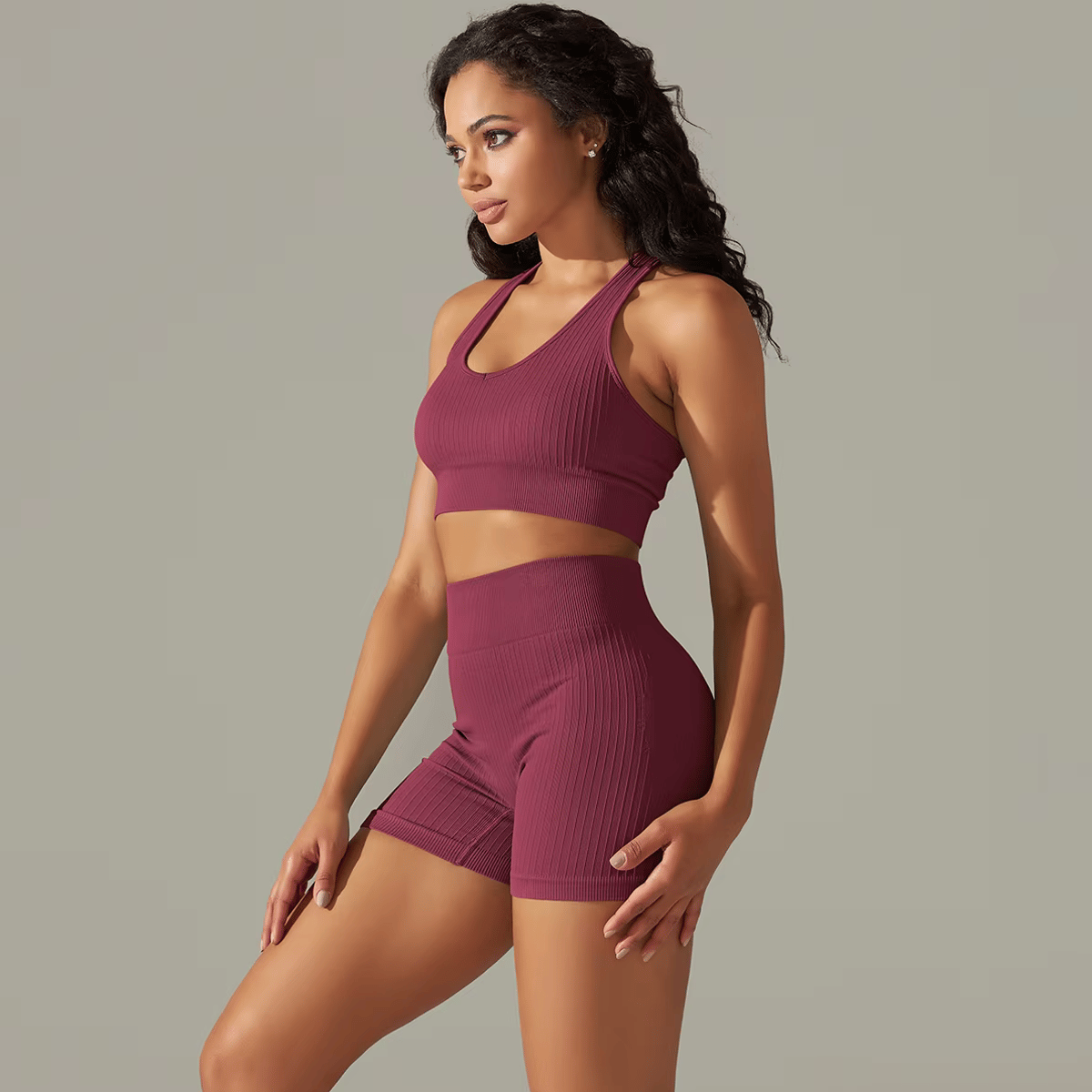 Seamless Workout Set with Crossover Bra and Knit Shorts