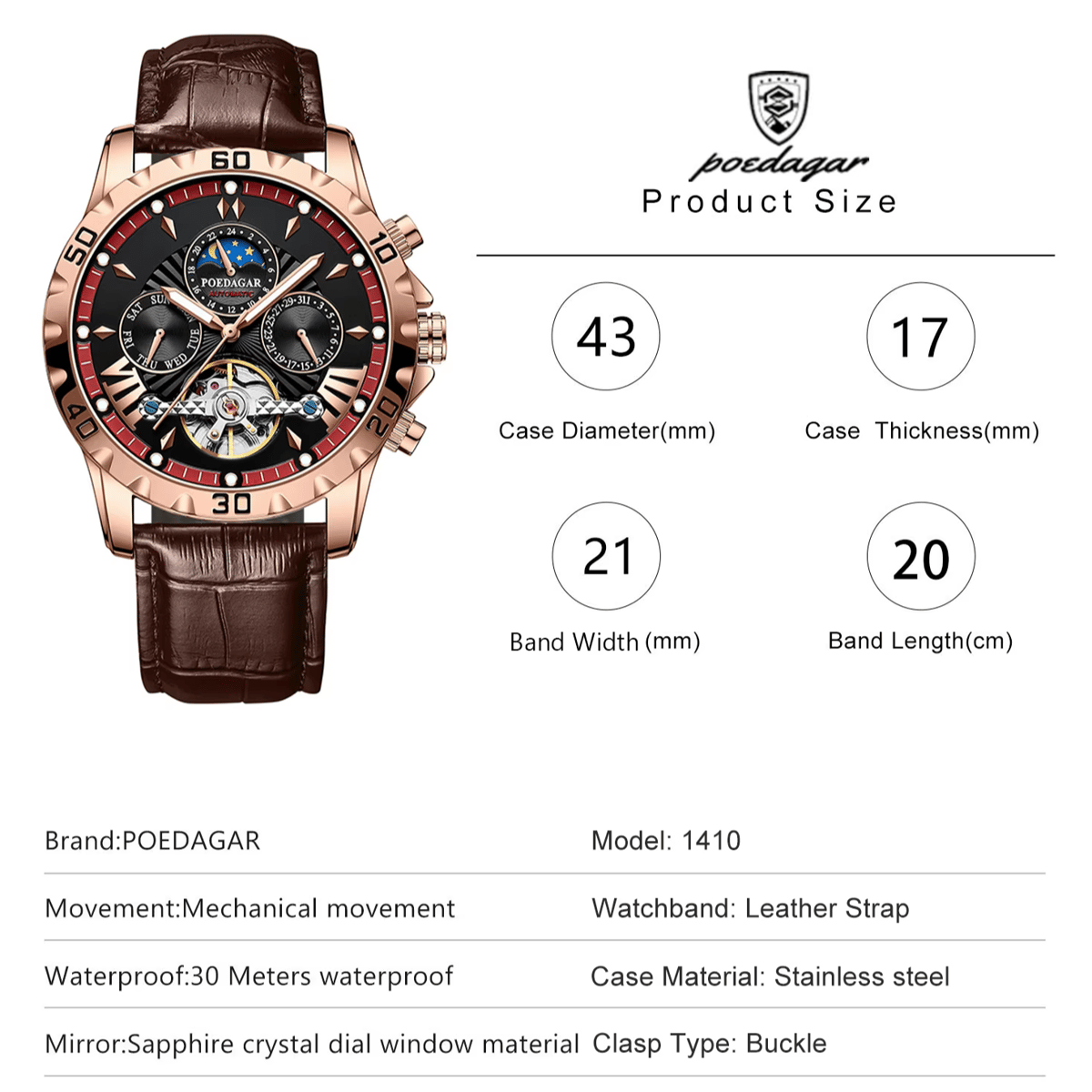 Luxury Tourbillon Mechanical Watch with Calendar and Leather Strap Poedagar - Women's Dress Watches 5