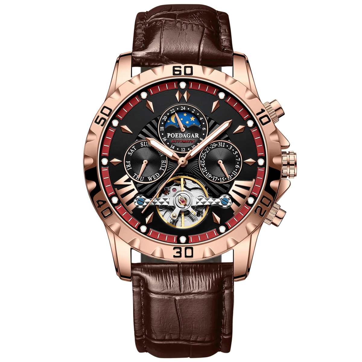 Luxury Tourbillon Mechanical Watch with Calendar and Leather Strap Poedagar - Women's Dress Watches
